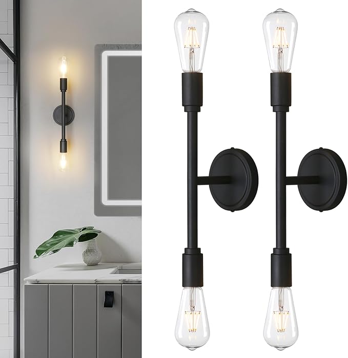 Phansthy Wall Sconces Set of Two, Modern Sconces Wall Lighting Fixtures, 2-Light Bathroom Light Over Mirror, Indoor Ceiling Light/Wall Light for Bedroom, Living Room (Black 2 Pack)