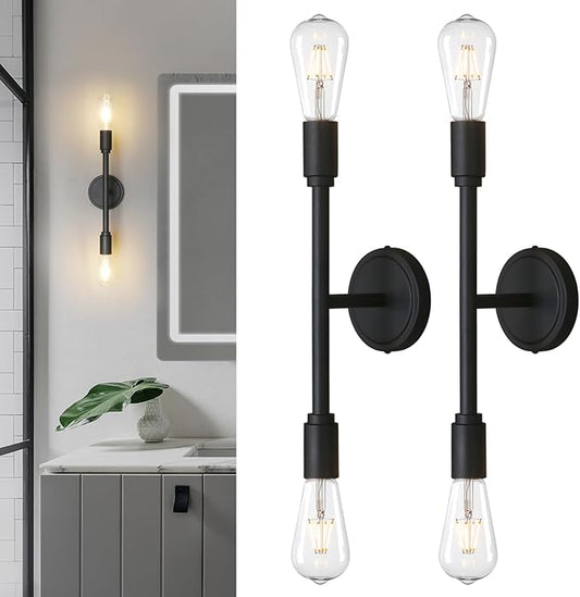 Phansthy Wall Sconces Set of Two, Modern Sconces Wall Lighting Fixtures, 2-Light Bathroom Light Over Mirror, Indoor Ceiling Light/Wall Light for Bedroom, Living Room (Black 2 Pack)