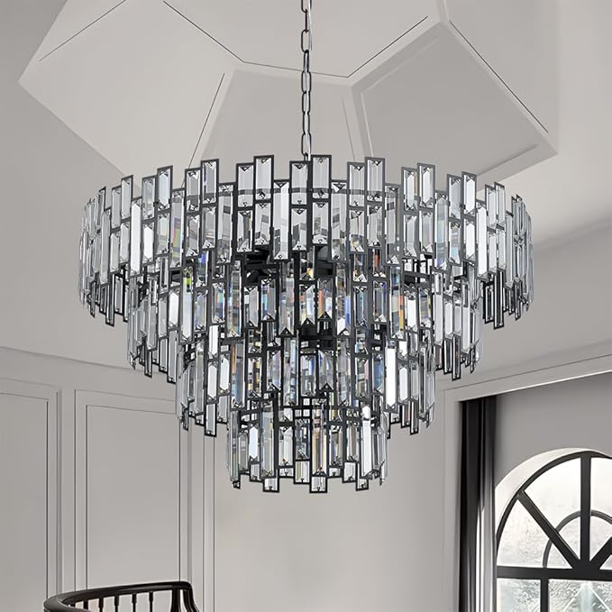 Crystal Contemporary Chandelier Foyer Entryway Lighting, 4-Tier Large Foyer Entrance Chandeliers for High Ceiling Big Crystal Chandelier (Dia 30 inch 15 Lights) Black