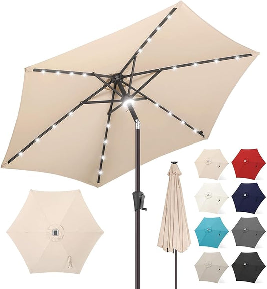 FLAME&SHADE 7.5 FT Solar Light Patio Umbrella, 24 LED Lights Outdoor Umbrella with Centre Surround Light, Table Umbrella Outdoor Patio for Deck, Pool, Backyard, Garden, UV Protection (Beige)