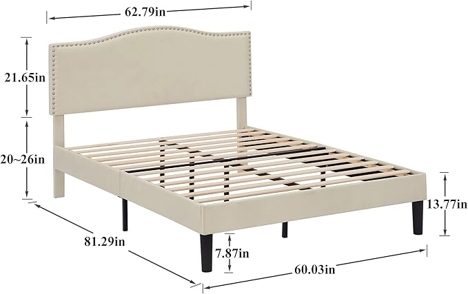 VECELO Queen Bed Frame, Platform Bed Frame with Adjustable Height Upholstered Headboard, Heavy-Duty Frames and Strong Wooden Slats Support, Non-Slip and Noise-Free, Easy Assembly, Beige