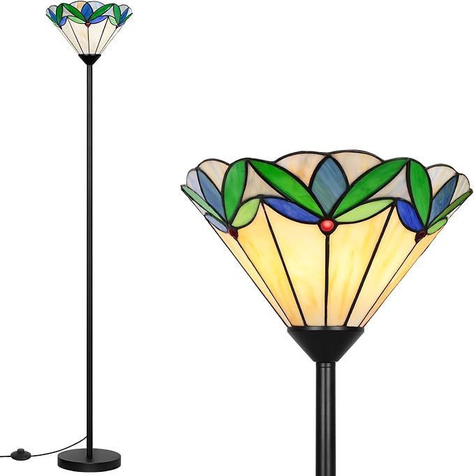 Floor Lamp with Tree Leaf Stained Glass Shade, Torchiere Floor Lamp, Tall Corner Pole Lamp with Foot Switch, Vintage Style Decorative Standing Reading Light for Living Room Bedroom(E26 Base)