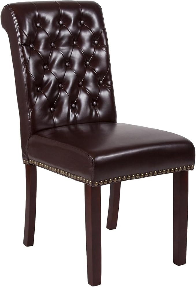 Flash Furniture Set of 2 HERCULES Series Brown LeatherSoft Parsons Chair with Rolled Back, Accent Nail Trim and Walnut Finish