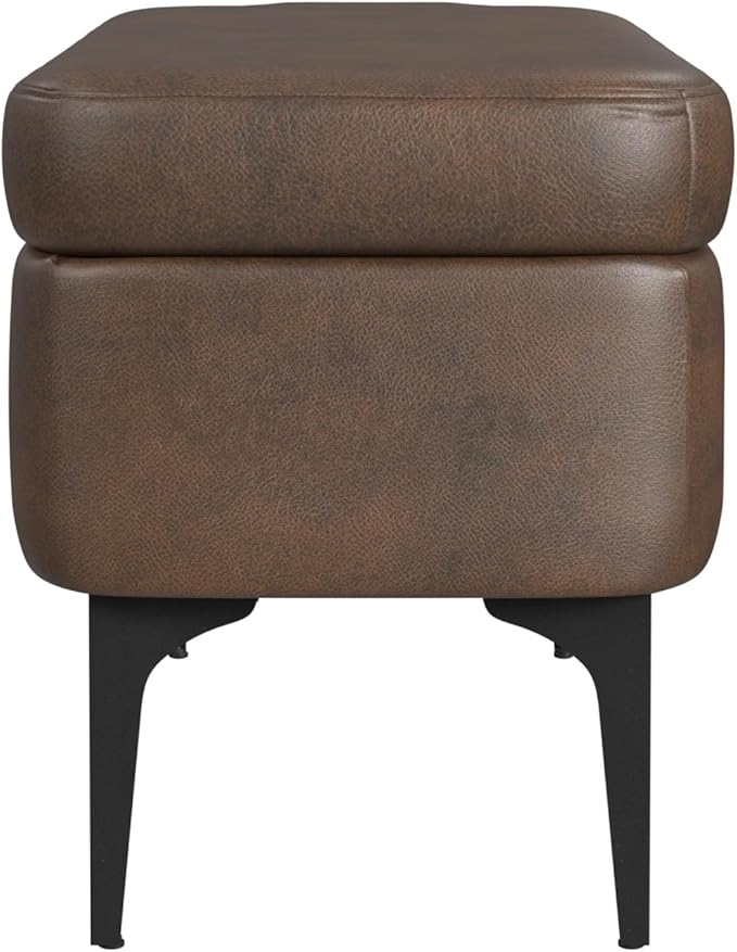 HomePop Upholstered Storage Bench with Metal Leg, 42" W, Brown PU Leather