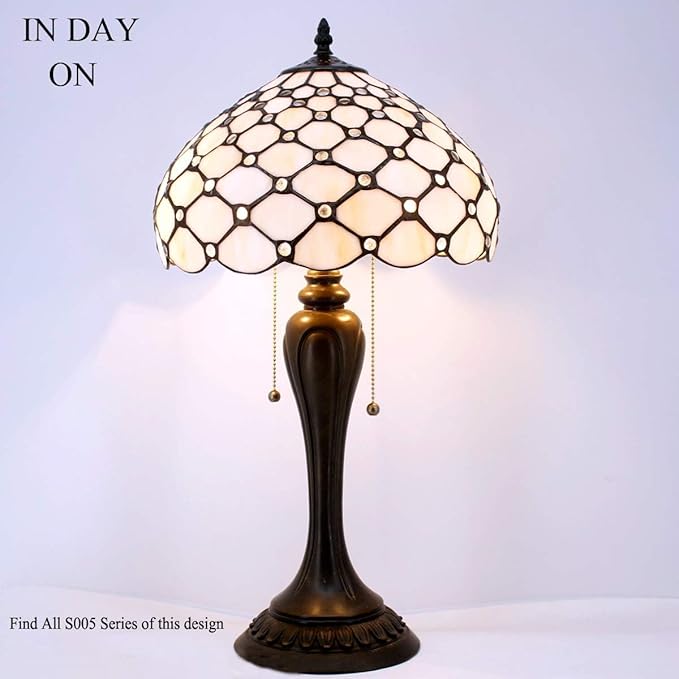 WERFACTORY Tiffany Lamp Stained Glass Table Lamp Cream Pearl Bead Style Desk Reading Light 12X12X22 Inches Decor Bedroom Living Room Home Office S005 Series