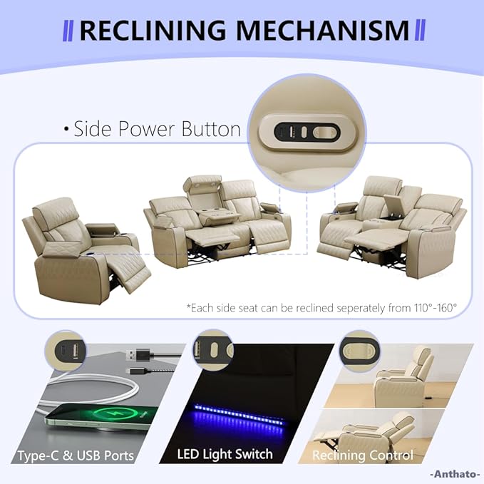Leather Power Recliner Sofa Set, Living Room Furniture Sets, 2 Piece Reclining Sofa Set with Cup Holders, Modern Recliner Couches with Arm Storage/Coffee Table/Charging for Home/Office, Khaki