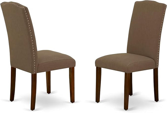 East West Furniture ENP3T18 Encinal Parson Dining Chairs - Nailhead Trim Dark Coffee Linen Fabric Upholstered Chairs, Set of 2, Mahogany