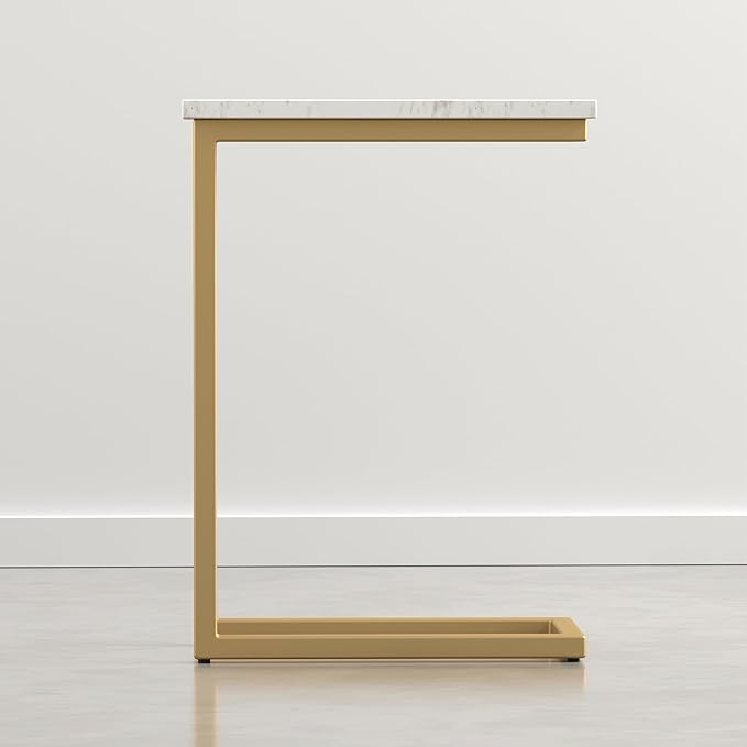 SIMPLIHOME Skyler Metal Table - 18 inch Wide Solid Iron C-Side Table with Genuine White Marble Top in Satin Gold, Contemporary Accent End Table for Living Room or Home Office with Slide-Under Design