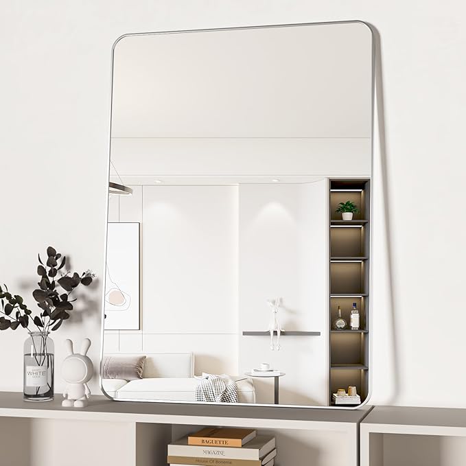 Manocorro Bathroom Mirror,29x40 Inch Wall Mirror Rectangular with Aluminum Alloy Frame, Rounded Corner Hanging Mirror Decor for Entryway, Bedroom, Living Room, Silver