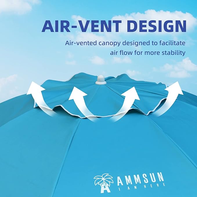 AMMSUN 6.5 Foot Heavy Duty Beach Umbrella for Sand with tilt Air Vent Sun Shelter, UV 50+ Protection Outdoor Sunshade Umbrella with Carry Bag for Patio Garden Beach Pool Backyard Sky Blue