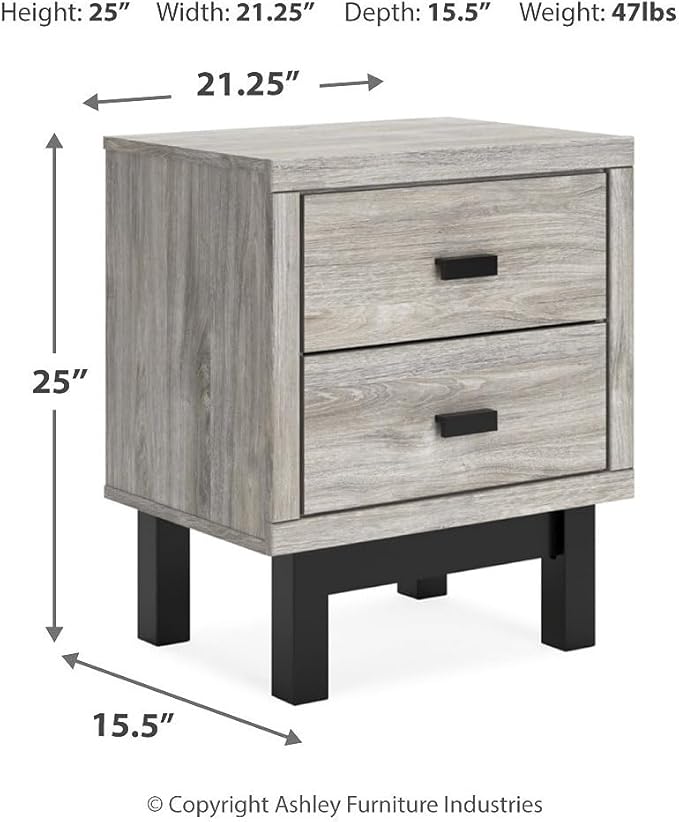 Signature Design by Ashley Vessalli Contemporary 2 Drawer Nightstand with Wireless Charging and USB Ports, 25" Tall, Light Gray & Black