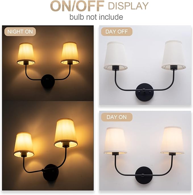 VILUXY Vintage Double Sconce Antique Wall Sconces Bedside Wall Lighting Fixture with Off-White Fabric Shade for Bedroom, Hallway, Entryway, Passway, Bathroom, Vanity 2-Light
