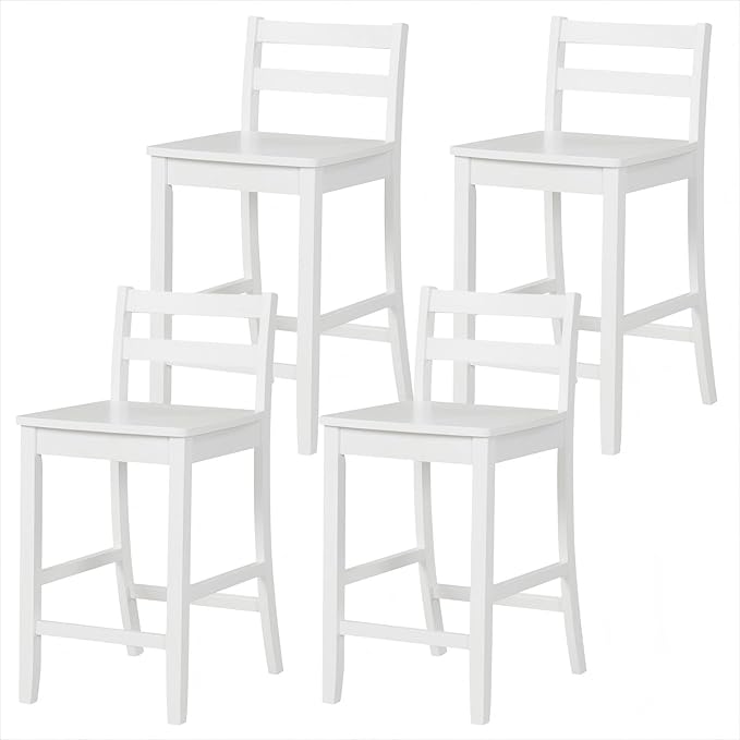 ERGOMASTER Set of 4 Kitchen Island Bar Stools 24 Inch Height with Footrest - 400 lbs Capacity Rubber Wood Counter Stools for Breakfast Nook, Home Pub (White)