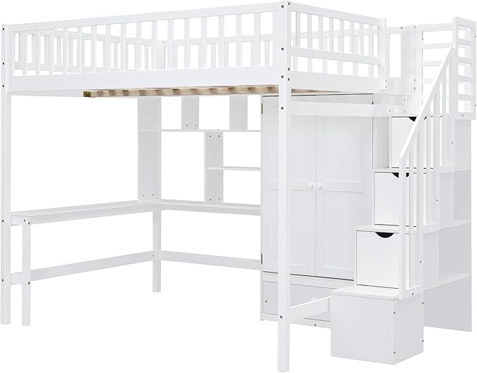 Full Loft Beds Stairway Loft Bed Frame with Wardrobe, Desk, Bookshelf and Drawers, White