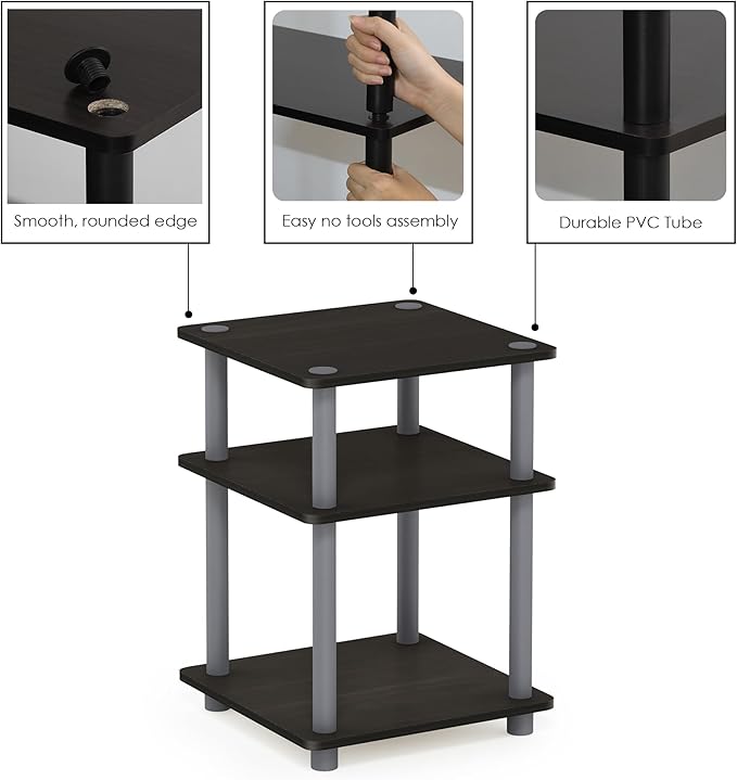Furinno TURN-N-TUBE Side Table, 3-Tier Square Modern End Table, Open Shelves Nightstand, Night Stand, Bedside Table, Easy Assembly, for Living Room, Bedroom, Espresso
