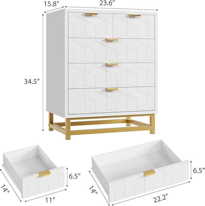 GAOMON White 5 Drawer Dresser for Bedroom, Chest of Drawers with Metal Base, Modern Dresser Chest Cabinet Organizer for Living Room, Hallway, Closet