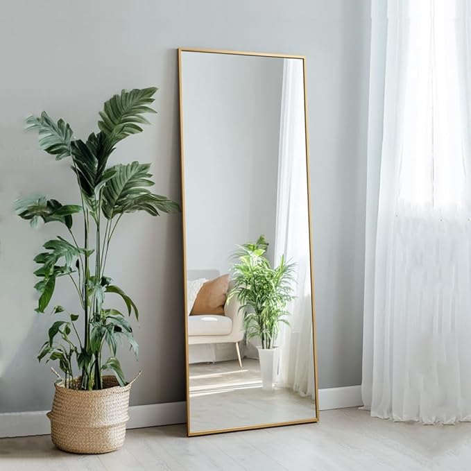 Gold Mirror Full Length, Floor Length Mirror with Aluminum Metal Frame, Standing Mirrors for Bedroom, Livingroom, Bathroom, Hallway, Cloakroom, Wedding. (56x16 inch, Gold)