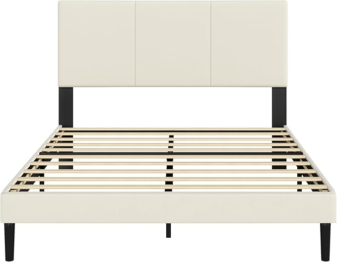 Full Size Bed Frame with Upholstered Headboard, Sturdy Wood Slats, No Box Spring Required, Silent, Easy Assembly,Beige