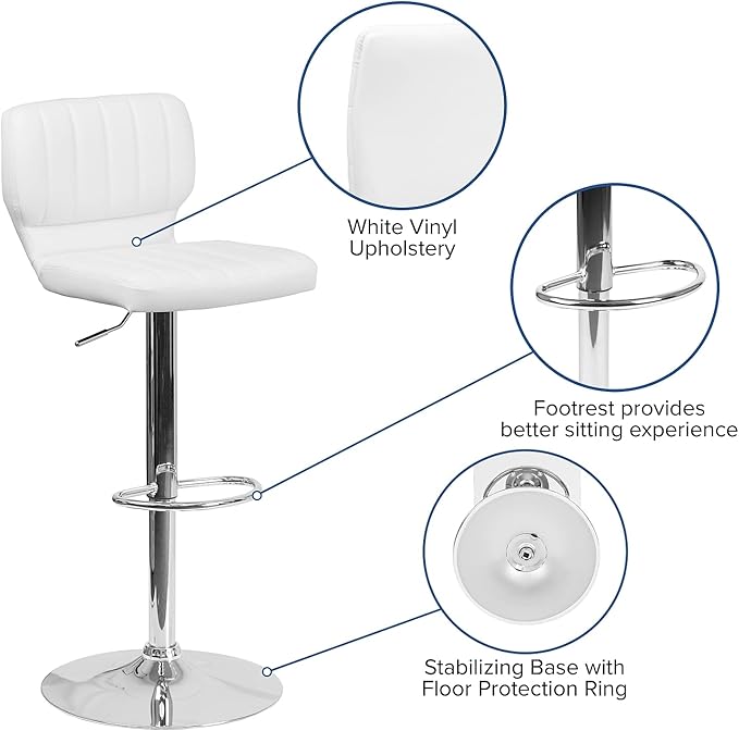 Flash Furniture Samantha Contemporary White Vinyl Adjustable Height Barstool with Vertical Stitch Back and Chrome Base (Pack of 2)
