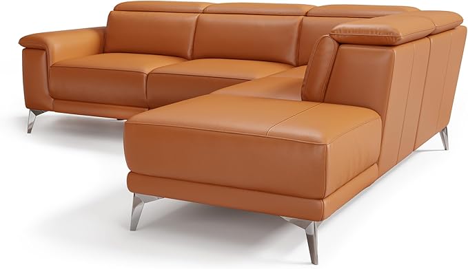 Valencia Pista Full Leather Right Chaise Sofa 112.5" | Italian Nappa Leather Modern Cloud Couch for Living Room/Apartment Furniture | Power Recliner, Ultimate Comfort, Cognac