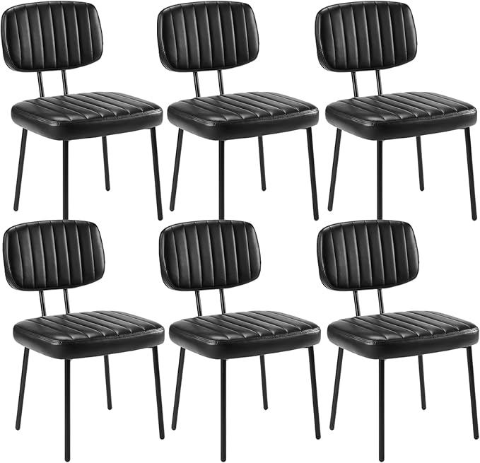 Sweetcrispy Dining Chairs Set of 6, Upholstered Mid Century Modern Kitchen Accent Chairs with Faux Leather Cushion Seat & Metal Legs for Home Office, Living Room - Black