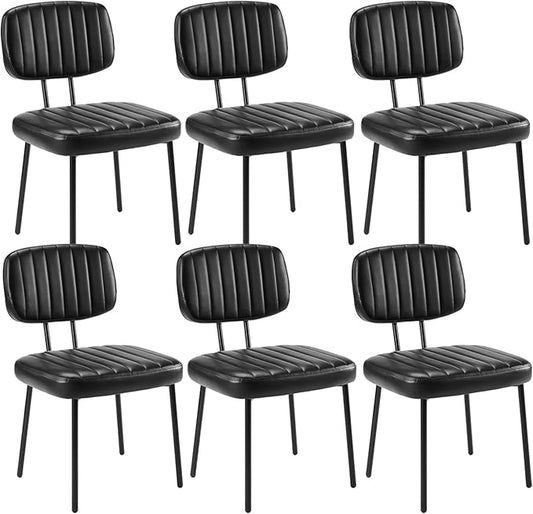 Sweetcrispy Dining Chairs Set of 6, Upholstered Mid Century Modern Kitchen Accent Chairs with Faux Leather Cushion Seat & Metal Legs for Home Office, Living Room - Black