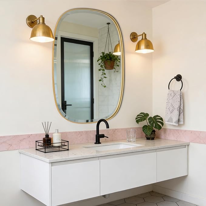 POZINO Bathroom Beveled Mirror, 24"x32" Brushed Gold Mirrors for Over Sink, Brass Rounded Rectangle Mirrors, Modern Vanity Wall Mirror in Premium Stainless Steel Frame, Horizontal or Vertical Hanging