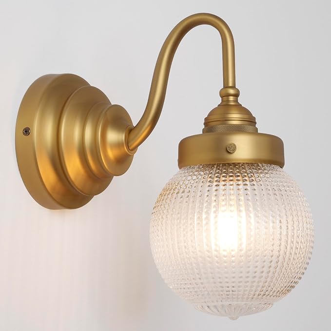 Curved Arm Wall Sconce Lighting with Clear Ribbed Glass Globe Shade, Vintage Brass Bathroom Wall Light Fixtures for Kitchen Living Room Bedroom Farmhouse