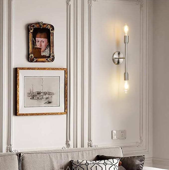 Phansthy Modern Double Sconce Wall Lighting, Bathroom Vanity Light Fixture Horizontal and Vertical, 2-Light Indoor Wall Lamps for Mirror Hallway Kitchen Living Room (Brushed)