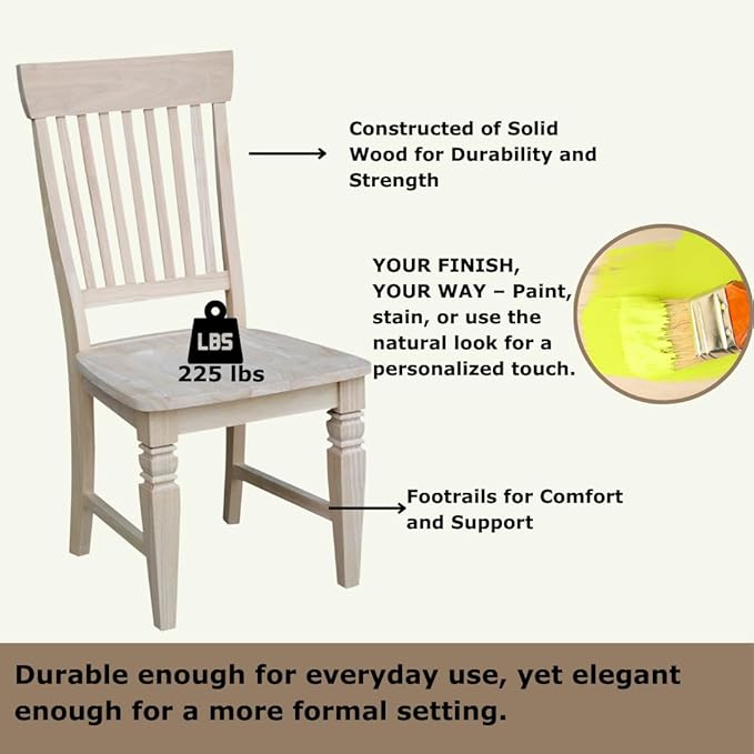 IC International Concepts, Set of Two Tall Java Dining Chairs, Unfinished, Solid Wood, Real Parawood, 19.7" W x 23" D x 39.4" H, , 225 lbs wt. Capacity, DIY, Paint or Stain Your Way, Unfinished