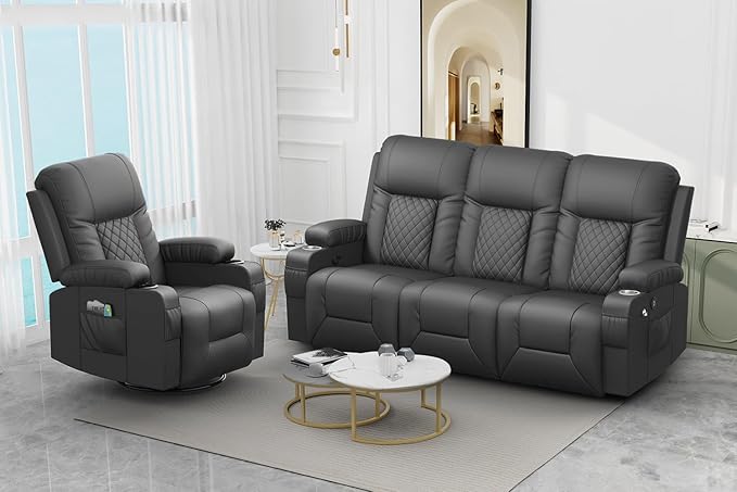 FURNIMAT Recliner Sofa Set with 3+1 Pieces in Living Room, 3 Seater Reclining Sofa, 1 Recliner Chair with 360 Degree Swivel Single Sofa Seat
