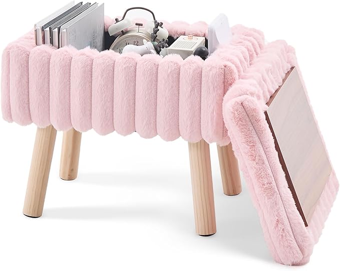 Wimarsbon Storage Ottoman,Soft Faux Fur Footstool with Padded Seat, Small Reading Vanity Chair, Footrest with Wood Tray for Couch, Mini Coffee Table or Display Stand (Pink)