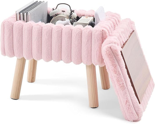 Wimarsbon Storage Ottoman,Soft Faux Fur Footstool with Padded Seat, Small Reading Vanity Chair, Footrest with Wood Tray for Couch, Mini Coffee Table or Display Stand (Pink)