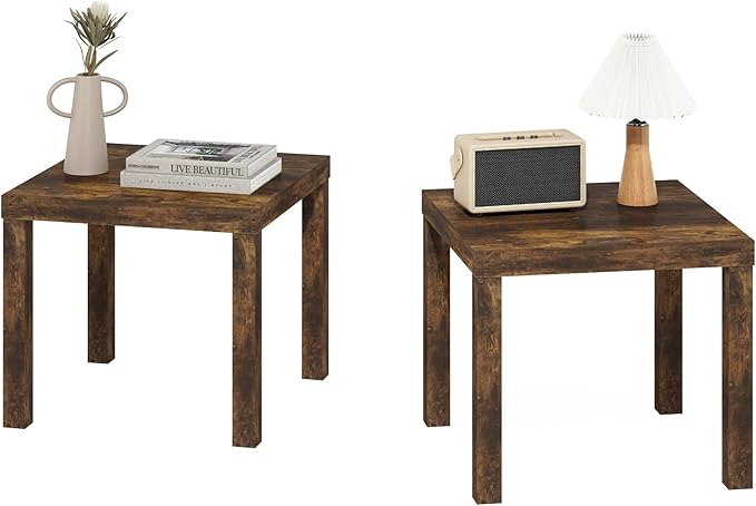 Furinno Classic Side Table Set of 2, Square Modern End Table with 1.8" Triple Thick Tabletop, Simple Night Stand, Bedside Table, Toolless Assembly, for Living Room, Bedroom, Amber Pine