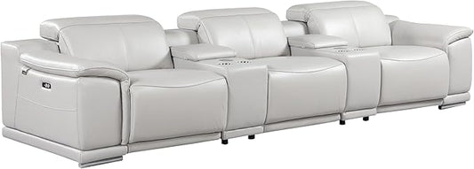 BlackJack Furniture Venice Top Grain Italian Leather Power Recline 5 Piece Sofa - 134" Theater Seating Modern Couch for Living Room Apartment Home with Adjustable Headrests & USB Port, Light Grey