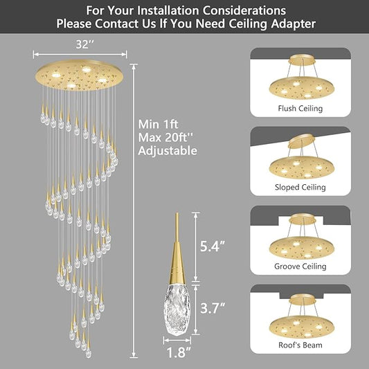 56-Lights 20 Feet Large Modern Chandelier LED Light Fixtures High Ceiling Long Light Chandelier for Entrance Foyer Dimmable Lights with Remote Living Room Ceiling Pendant Lighting Shine Gold