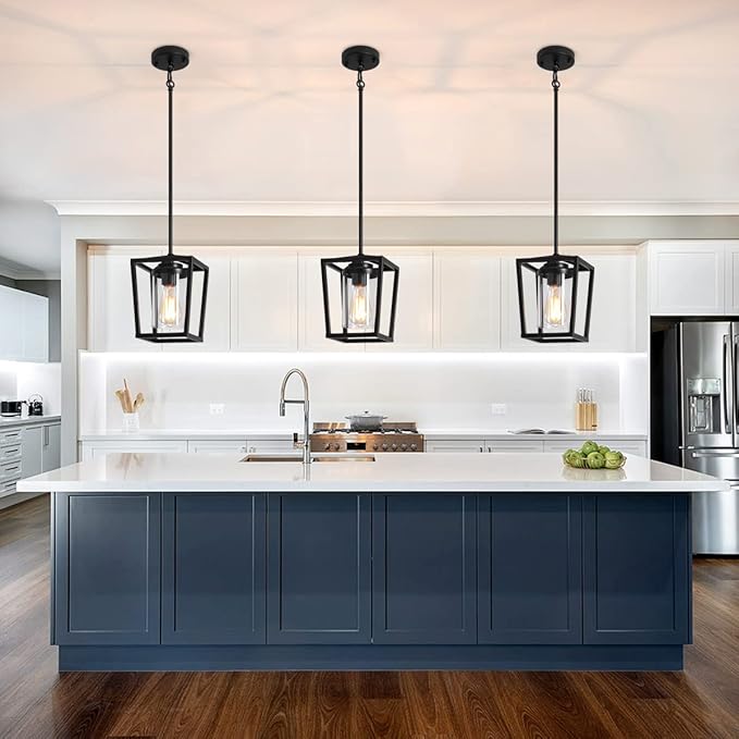 2 Pack Black Pendant Lights Kitchen Island, Farmhouse Pendant Light Fixtures with Glass Shade, Modern Kitchen Island Lighting Metal Cage Hanging Light for Hallway Entryway Dining Room Bathroom Foyer