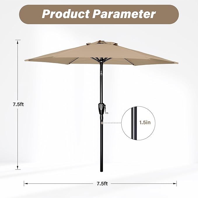 YSSOA 7.5' Patio Umbrella Outdoor Table Market Yard Umbrella with 6 Sturdy Ribs, Tan