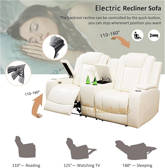 A Ainehome Power Leather Recliner Sofa Set with LED Lights, Recliner Sofa Sectional Couches for Living Room, Reclining Sofa and loveseat with USB Port/Storage Console(Creamy White,loveseat)