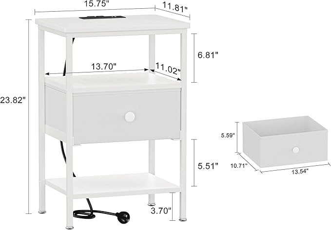 VECELO Nightstands with Charging Station Set of 2,End Tables with Storage Shelf&Fabric Drawer,Bedside Table for Bedroom,Living Room,Small Spaces,White