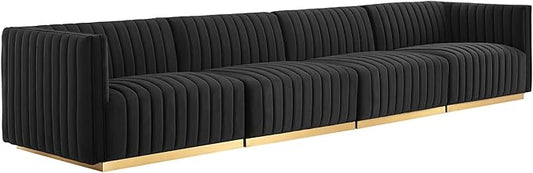 Modway Conjure Channel Tufted Performance Velvet Sectional, 4-Piece Sofa, Gold Black
