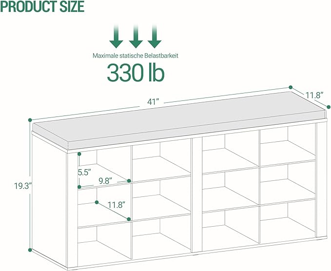 Shoe Bench with Cushion, Entryway Storage Bench with 12 Cubbies, Cubby Shoe Rack with Adjustable Shelves, Shoe Organizer Cabinet for Living Room, Bedroom, Entryway, White SB19003GY