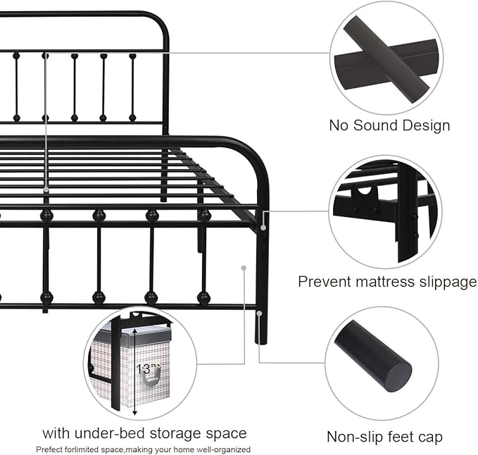 NACHTIMOOR Full Platform Metal Bed Frame with Headboard and Footboard,Vintage Victorian Style Mattress Foundation, No Box Spring Required, Under Bed Storage (Full, Black)