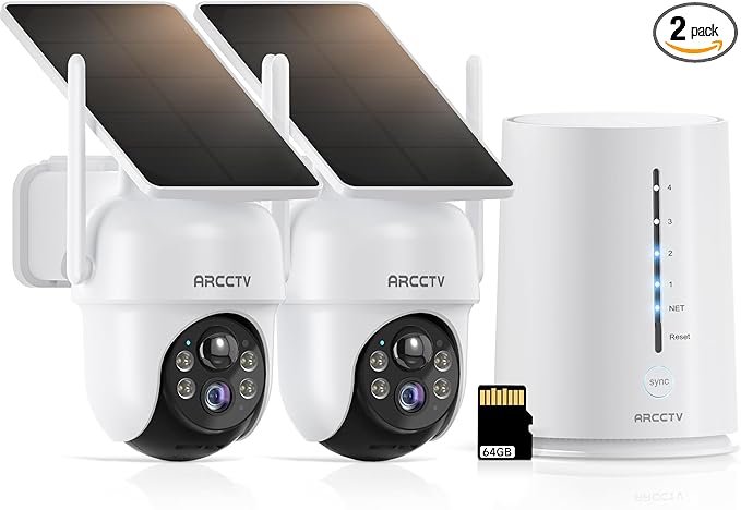 Solar Security Cameras Wireless Outdoor, No Monthly Fee, 2-Camera 2K Home Security Camera System with Base Station, Local Storage, PIR Motion Alerts, Color Night Vision