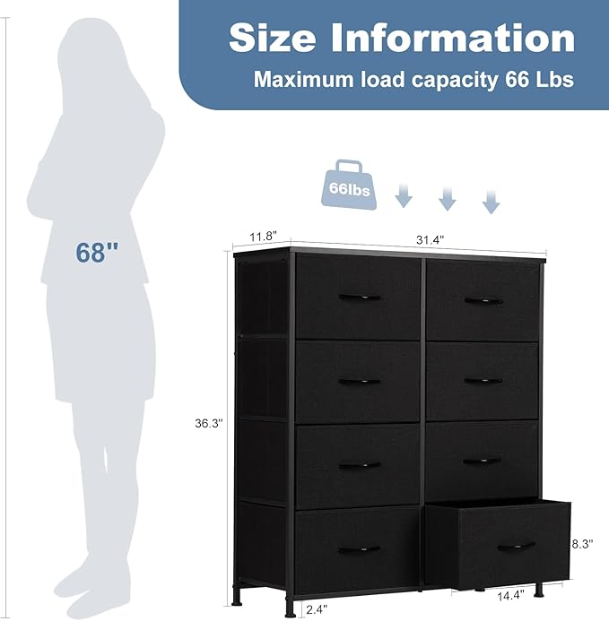 DUMOS 8 Drawer Dresser for Bedroom, Fabric Storage Organizer with Sturdy Metal Frame, Wooden Top Chest of Drawers for Closet Entryway Guest Room,Matte Black