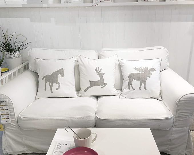 Animal Cotton Throw Pillow Covers Moose Pattren Embroidered 18x18 Inches for Couch Cushions Covers (White)