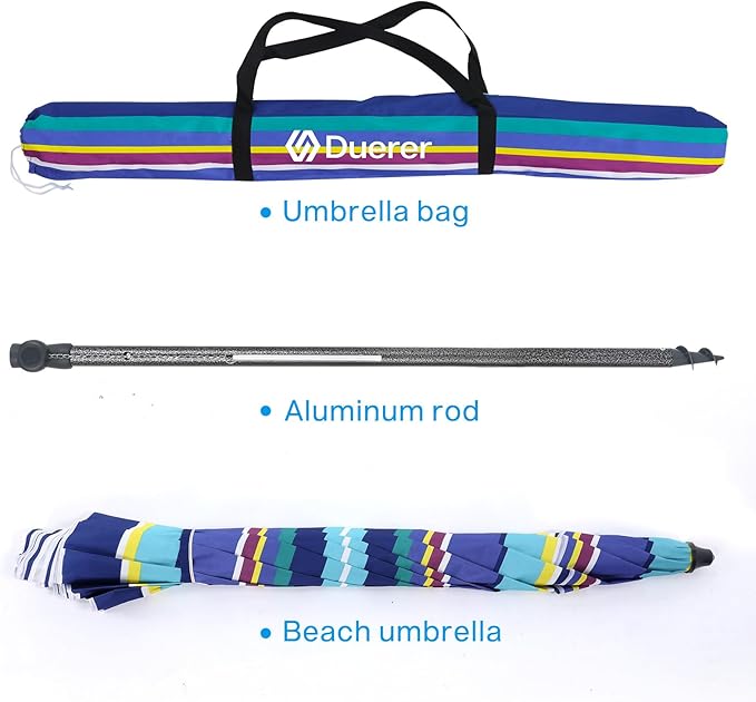 Duerer Beach Umbrellas, 8.5FT Beach Umbrella for Sand with Anchor Heavy Duty Windproof, Height Adjustable Tilt Iron Pole, Portable Beach Umbrella with Carrying Bag for Beach, Patio Garden Outdoor