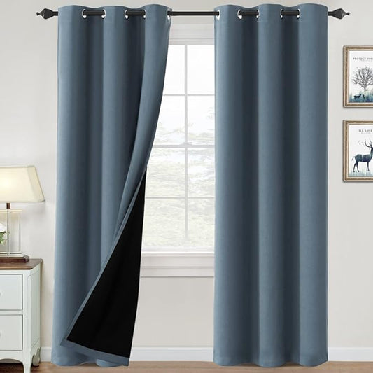 H.VERSAILTEX 100% Blackout Curtains for Bedroom Thermal Insulated Blackout Curtains 84 inch Length Full Light Blocking Curtains for Living Room with Black Liner 2 Panels Set, Stone Blue