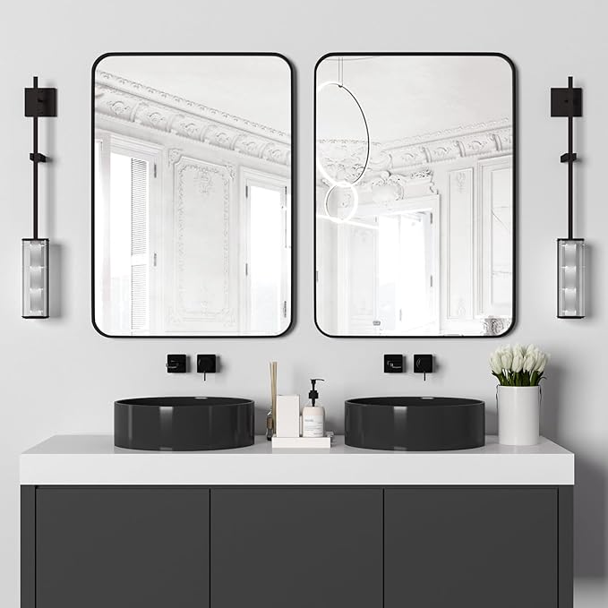 Manocorro 2-Pack Wall Mirror Bathroom Mirror, 20 x 28 Inch Black Rectangular Mirror with Aluminum Alloy Frame, Rounded Corner Hanging Mirror Decor for Entryway, Bedroom, Living Room