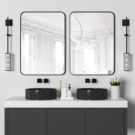 Manocorro 2-Pack Wall Mirror Bathroom Mirror, 20 x 28 Inch Black Rectangular Mirror with Aluminum Alloy Frame, Rounded Corner Hanging Mirror Decor for Entryway, Bedroom, Living Room